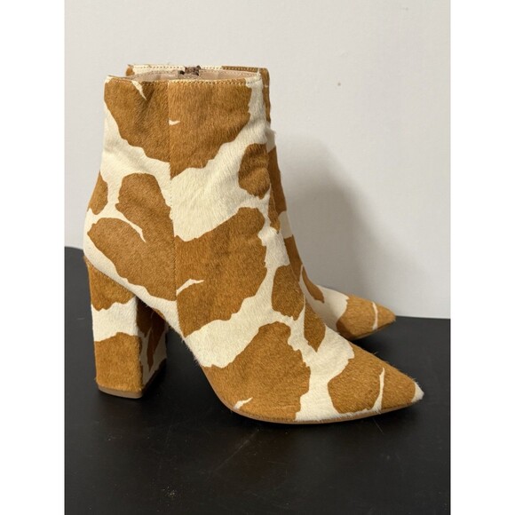 Steve Madden Cow Print Haircalf Leather Ankle Boots Pointed Toe Block Heel - Picture 3 of 12